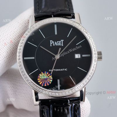 Asia 2824 Piaget Altiplano Black Dial Black Leather Strap Knockoff Watch With Diamond Bezel